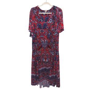 Reba Womens‎ XL Red Blue Paisley Mesh Flutter Sleeve High Low V-Neck Dress